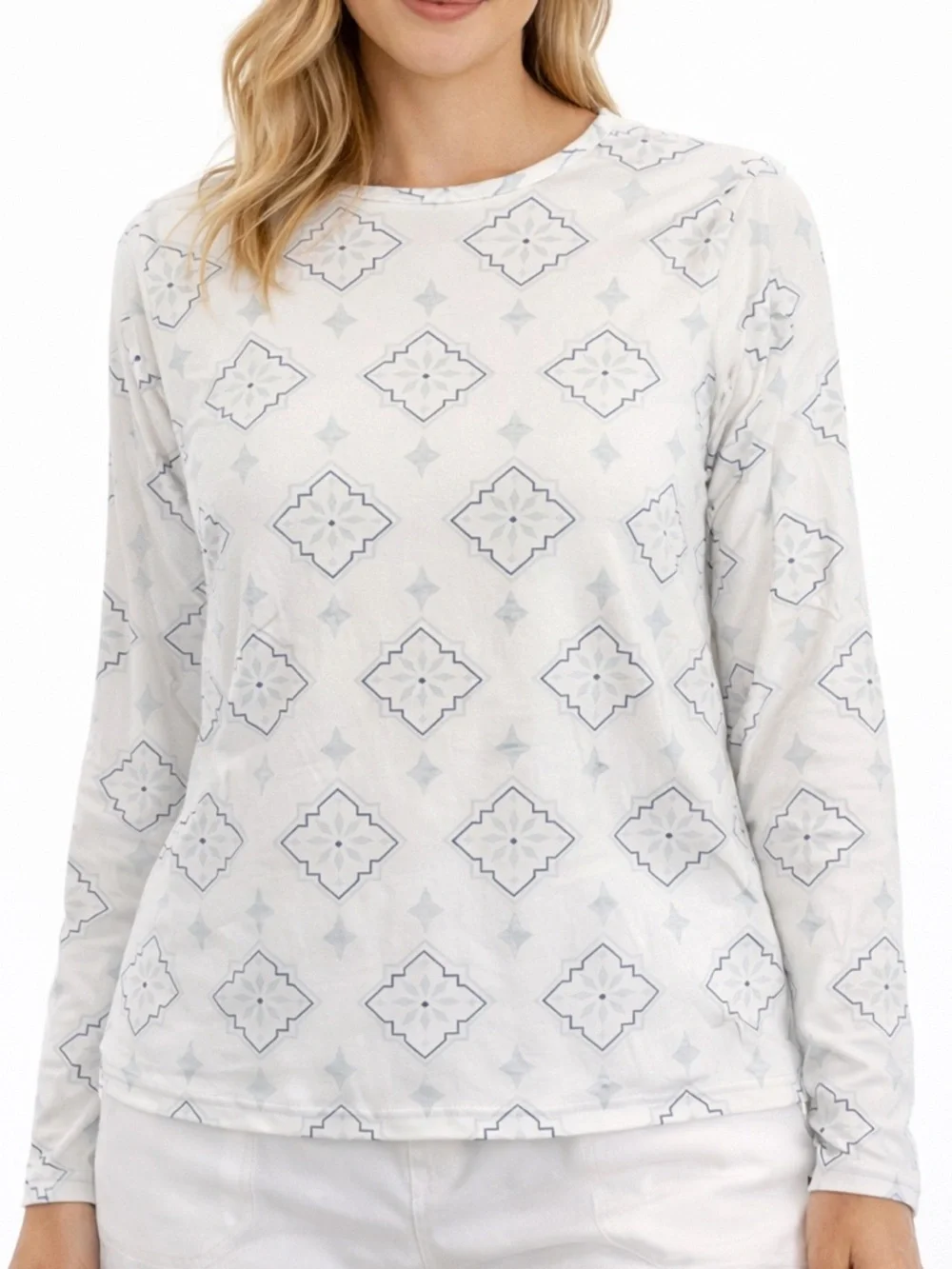 Hang Ten SPF Long Sleeve Top | White & Blue Geometric | Size M